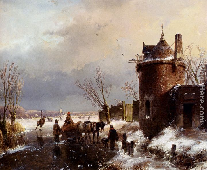 Figures With A Horse Sledge On The Ice, A Town In The Distance